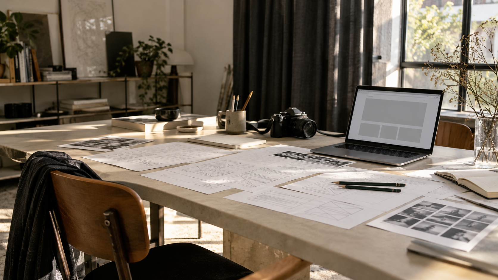 Visual konseptual meja perancangan website dengan wireframe di atas kertas